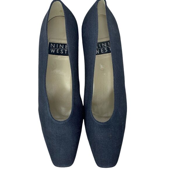 Nine West Block Heel Square Toe High Heeled Shoes Pumps 7 Navy Blue Fabric Upper - Picture 4 of 9